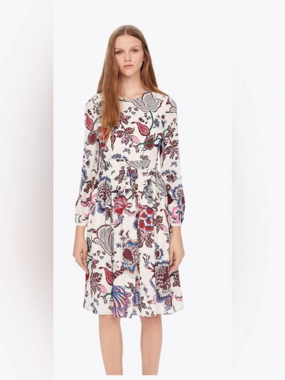 Tory Burch Silk Floral Long Sleeve Fit & Flare Dress Ivory Multicolor Size 14